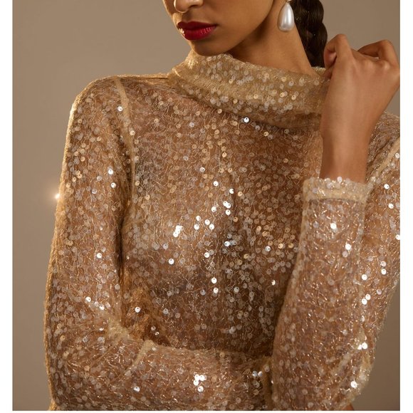 Anthropologie Sunday in Brooklyn Sheer Sequin Turtleneck Gold Champagne Small - Picture 5 of 11